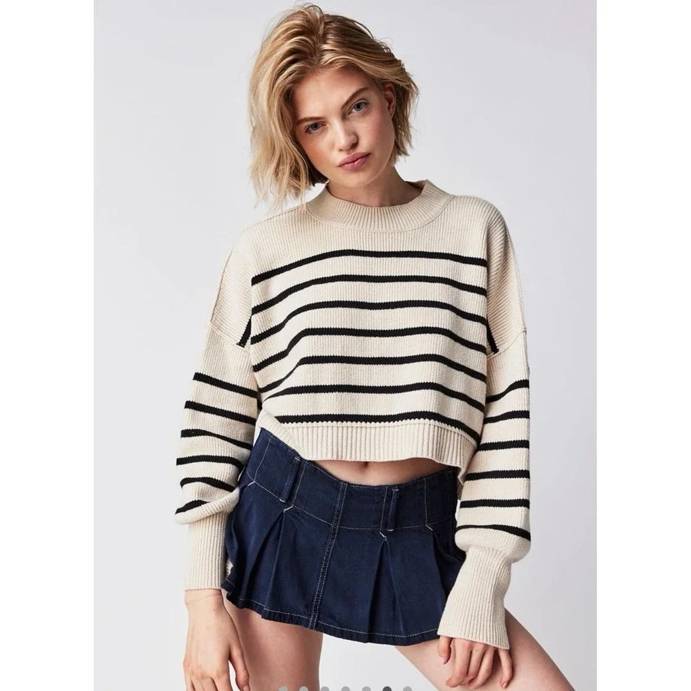 Free People Easy Street Striped Crop Sweater Cream‎ Black Knit Womens Small
